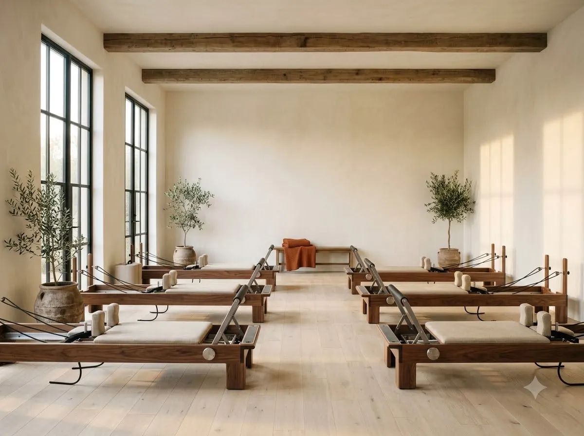 The reformer room in morning light: walnut reformers in two rows, tall steel windows, olive trees