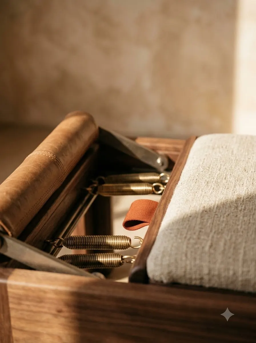 Close-up of a reformer: leather foot bar, brass springs and a linen-covered carriage