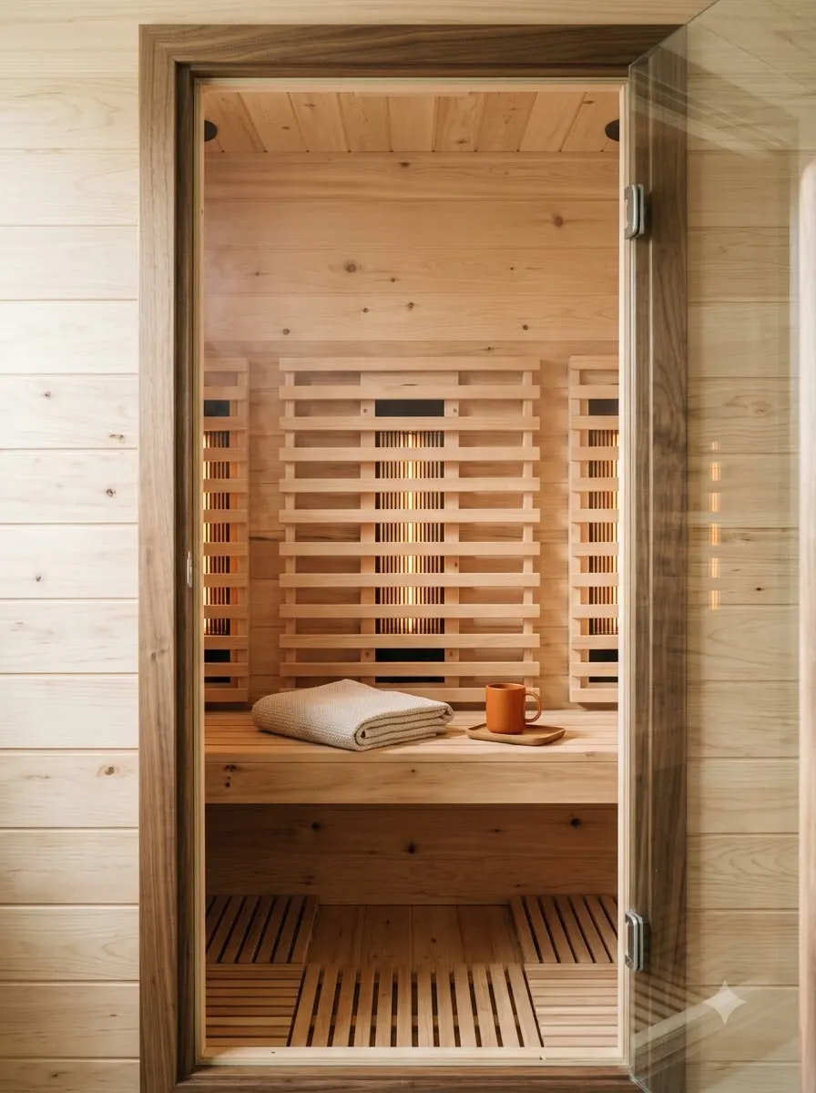 A small infrared sauna lined with pale cedar, a folded towel on the bench