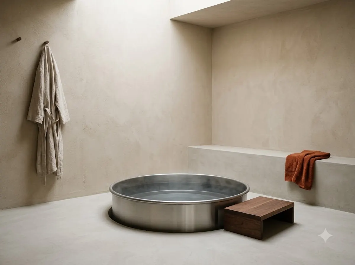 A round steel cold plunge tub set into a pale concrete floor, a linen robe on a peg