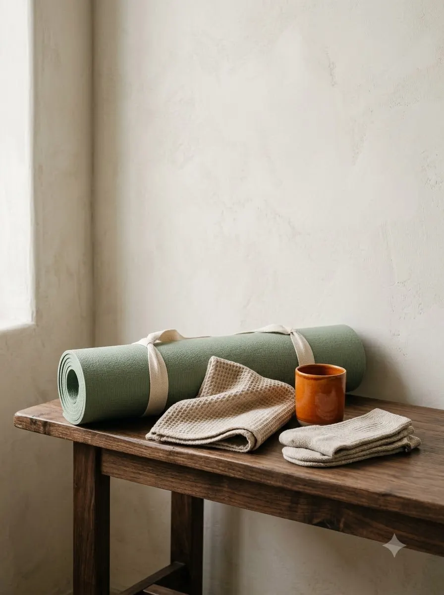 A rolled sage mat, grip socks, a towel and a water cup on a walnut bench