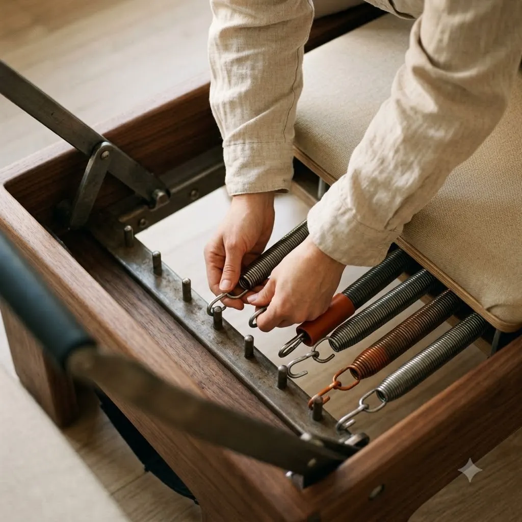 An instructor's hands adjusting a spring on a reformer